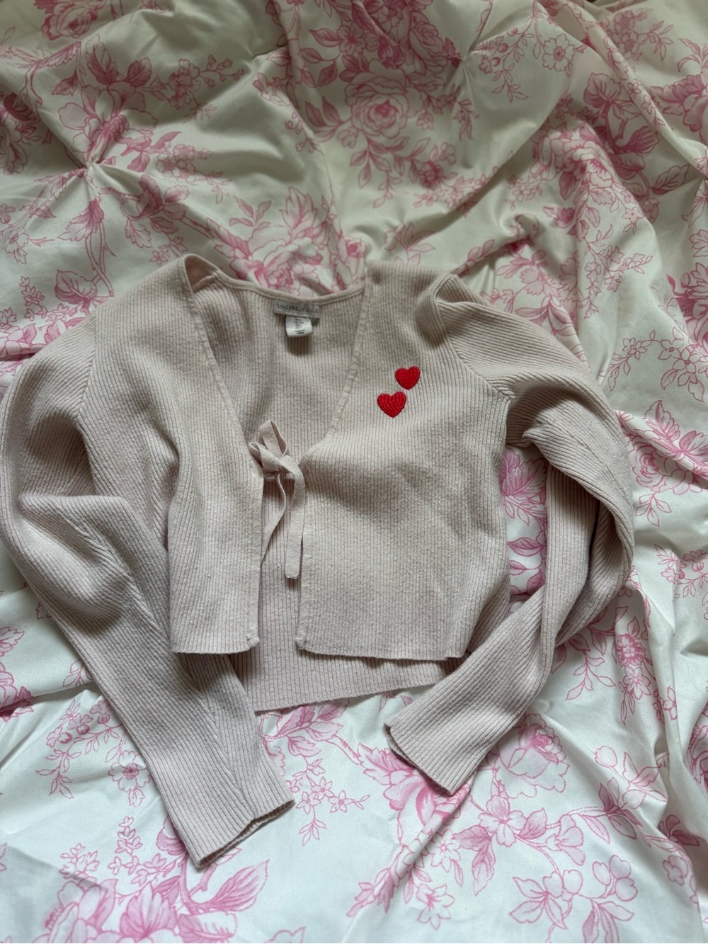 Sincerely Jules Cream Cropped Tie-Front Cardigan with Red Heart Patches